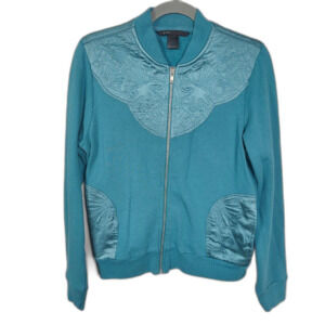 MARC JACOBS Blue Satin Embroidered Zip Up Bomber Jacket   Women's Size Medium